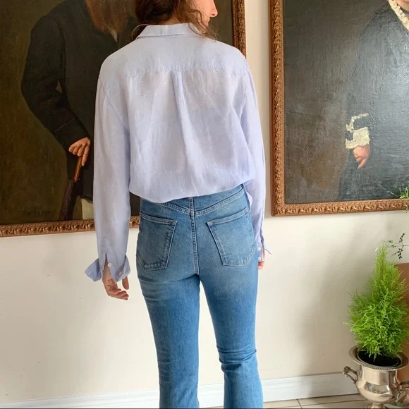 Light Blue Linen Button-Up Shirt - Women - Picture 3 of 6